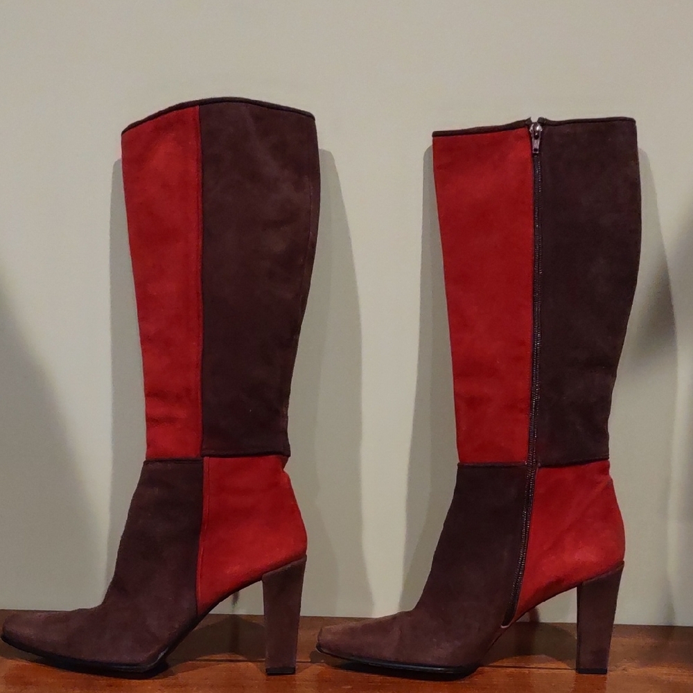Stuart Weitzman Boots Red And Brown Suede Leather Patch Tall Boots Color Block